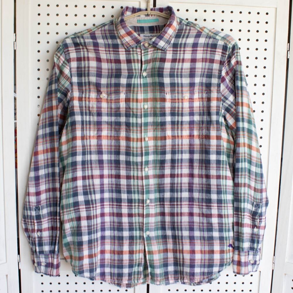 Tommy Bahama Mens SIZE XL Linen Plaid Long Sleeve Button Up Shirt
